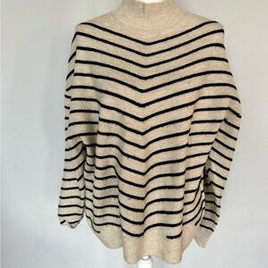 Herringbone Striped Cream and Black Women's Sweater | Mock Neck | L | EUC